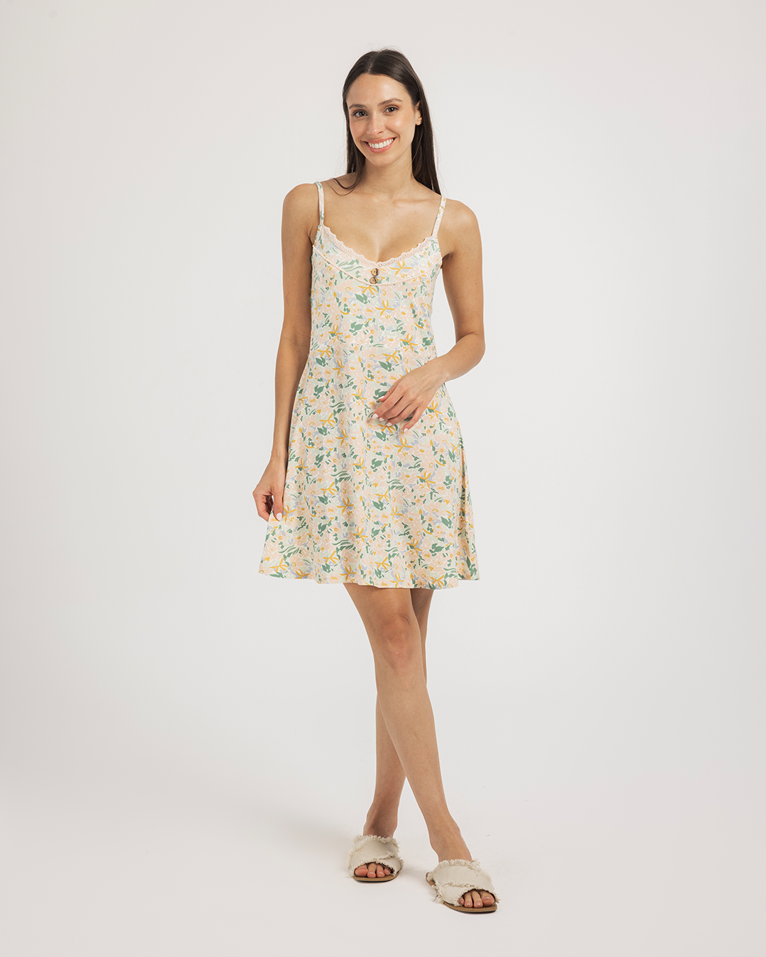 فستان حمالة فيسكوز ليكرا يدانتيل ورود متداخله