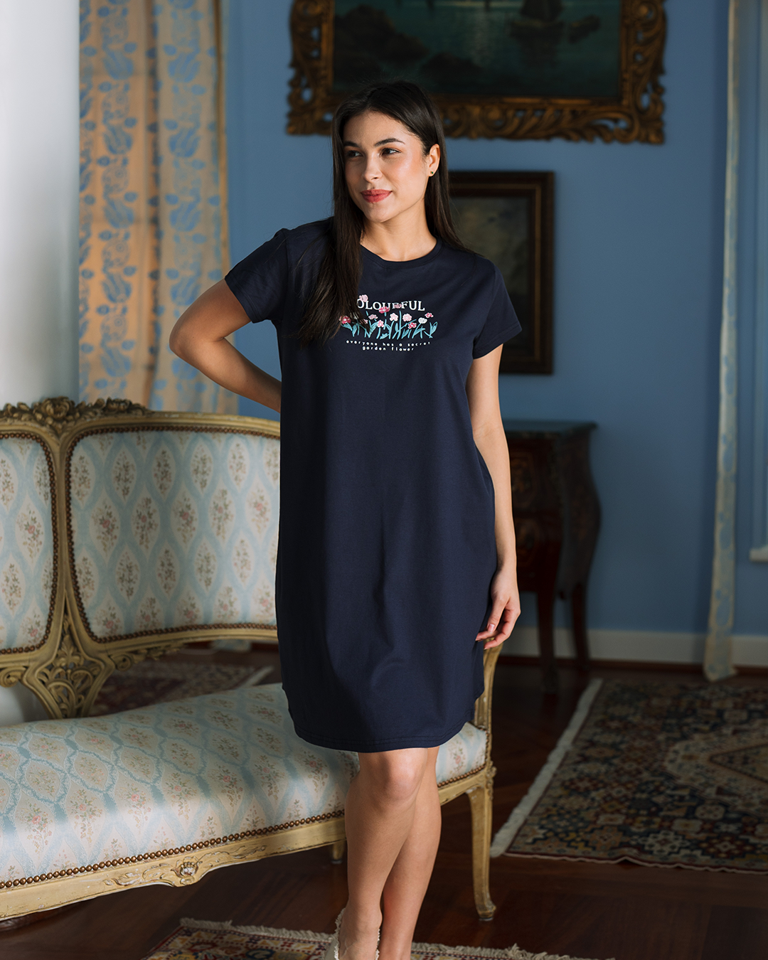 Colorful Flowers قميص نوم حريمي نص كم