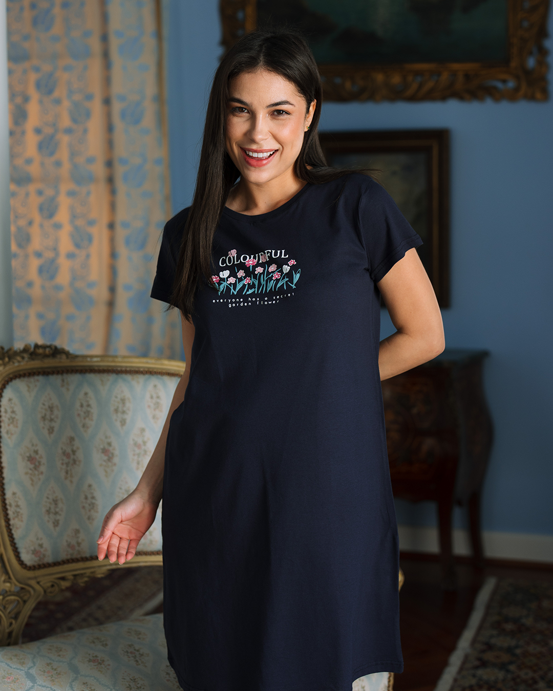 Colorful Flowers قميص نوم حريمي نص كم