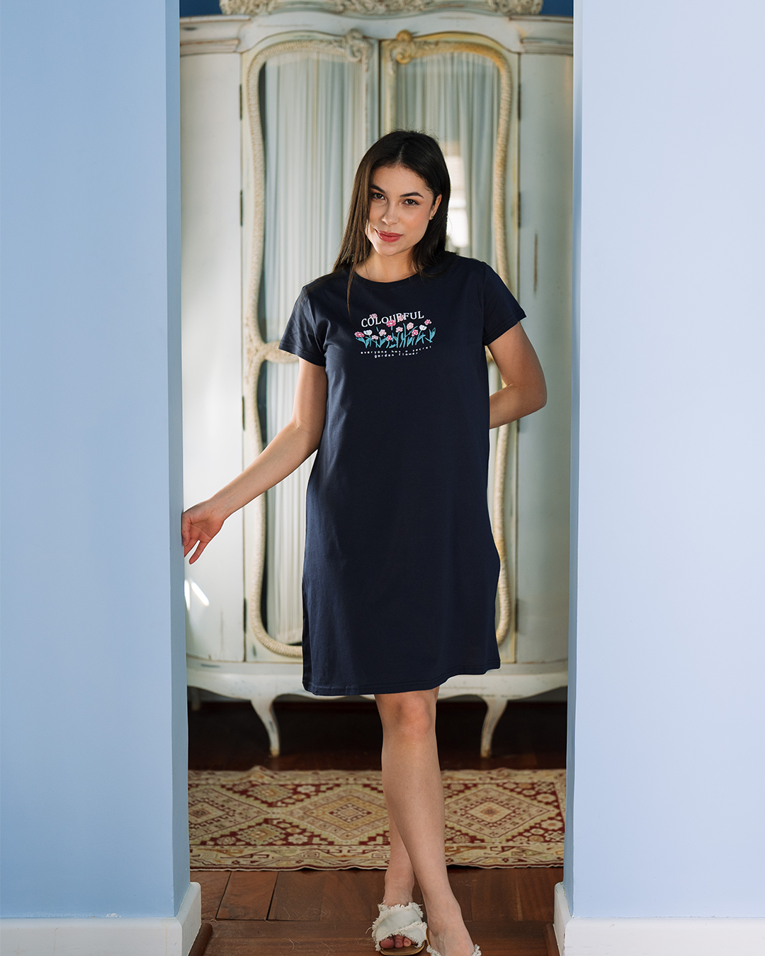 Colorful Flowers قميص نوم حريمي نص كم