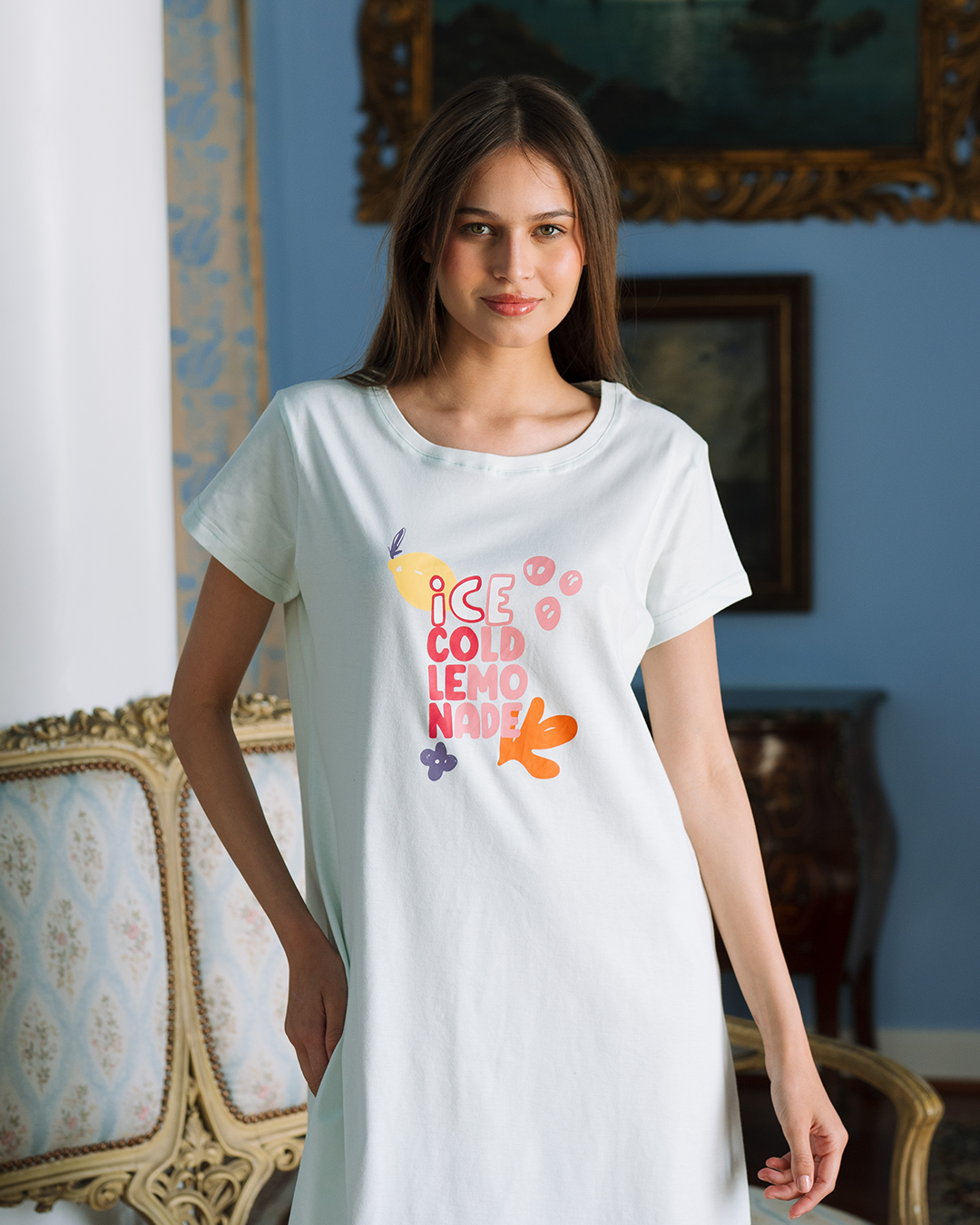 قميص نوم نص كم قطن ليمون بارد