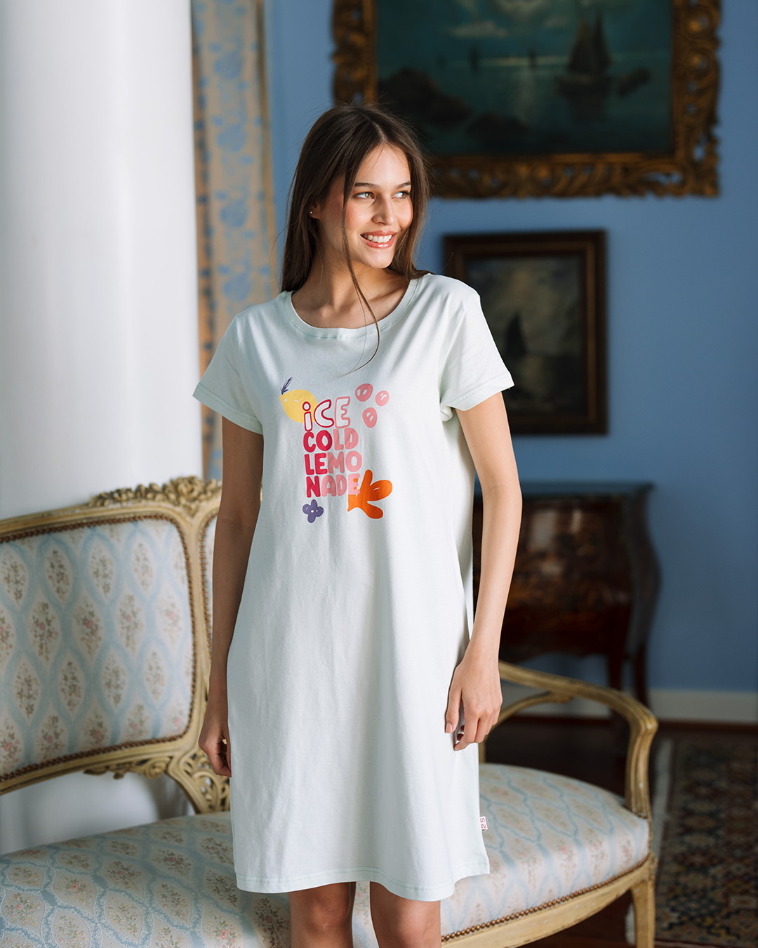 قميص نوم نص كم قطن ليمون بارد