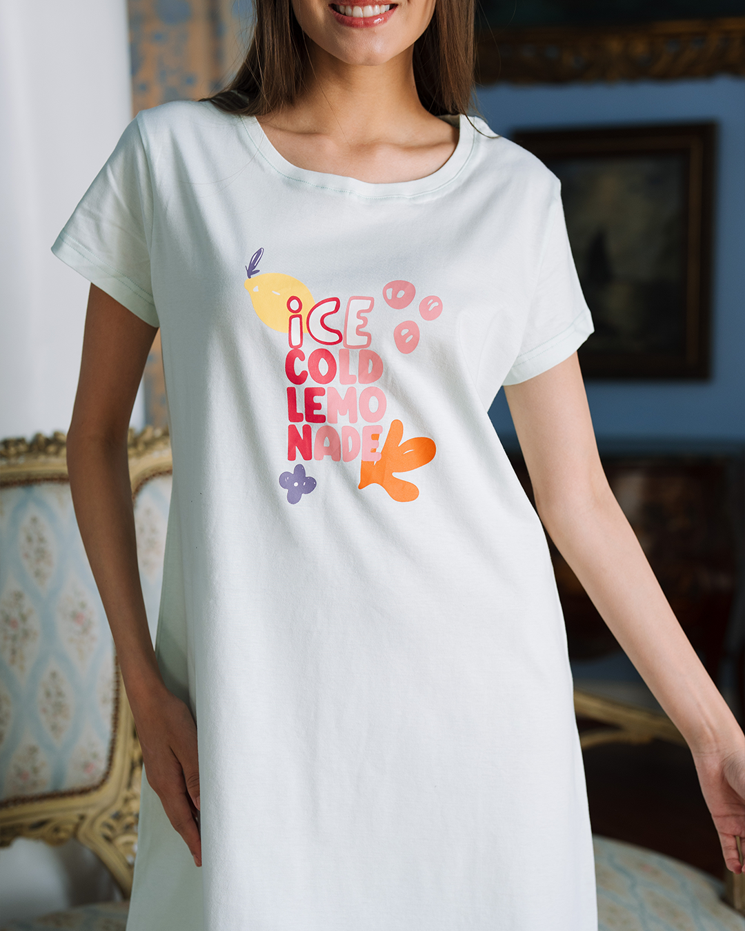 قميص نوم نص كم قطن ليمون بارد