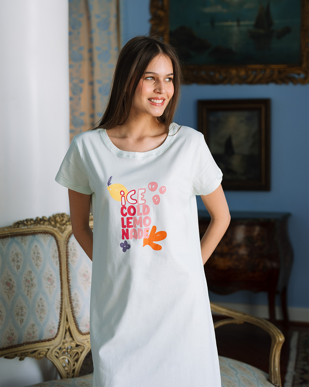 قميص نوم نص كم قطن ليمون بارد