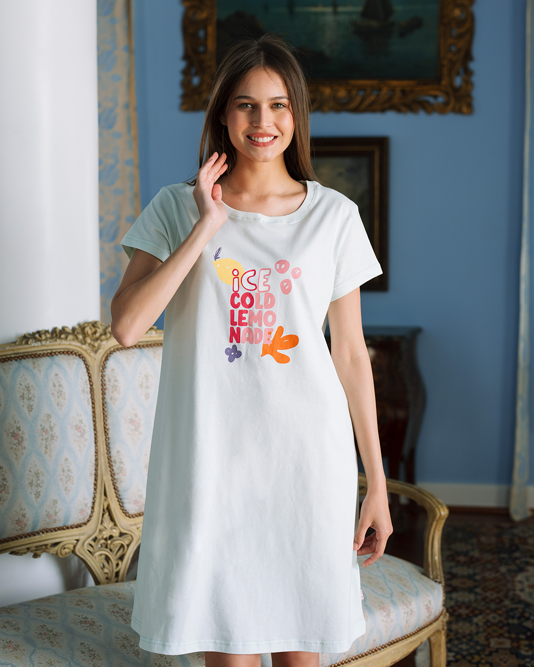 قميص نوم نص كم قطن ليمون بارد