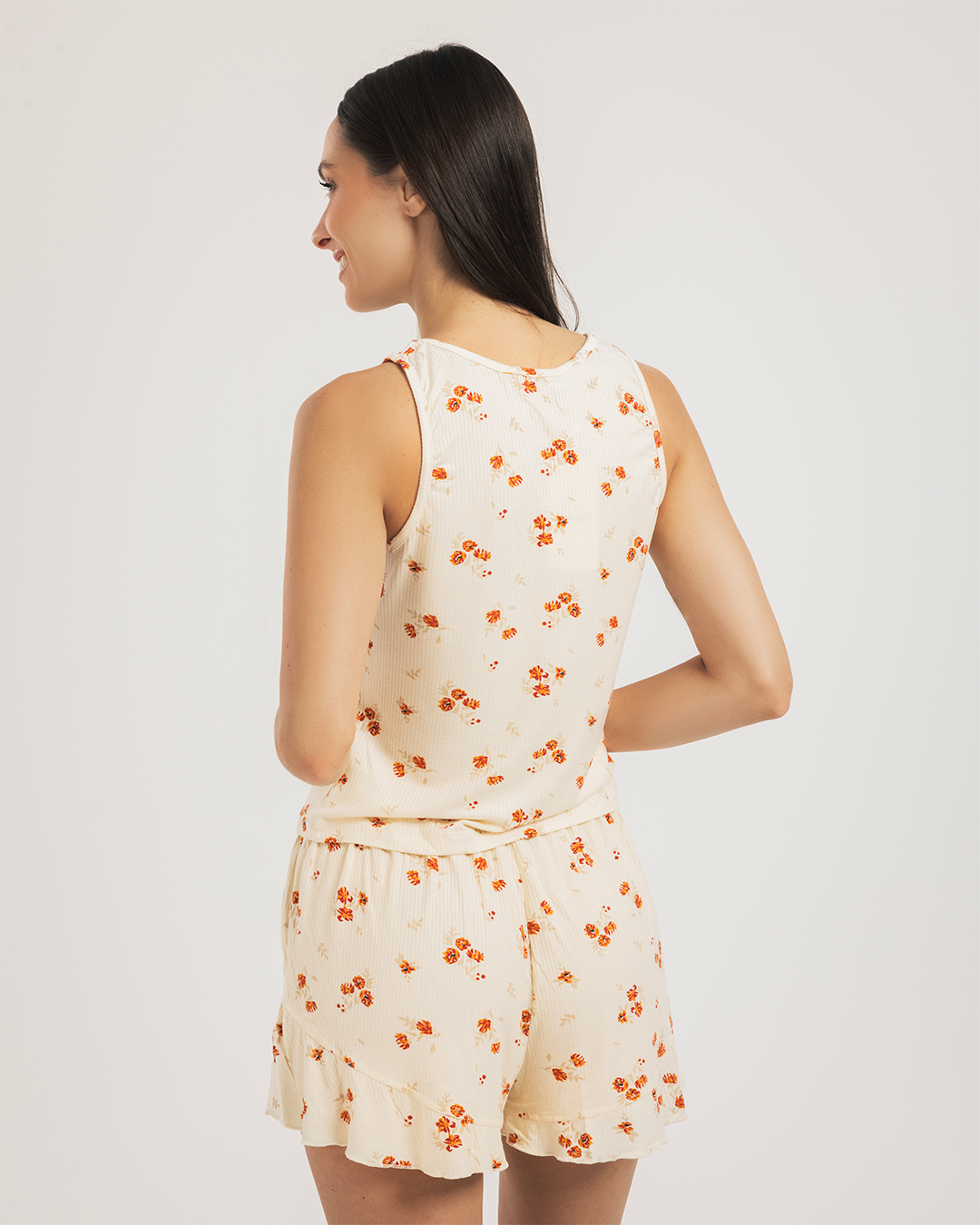 بيجاما شورت فسكوز مضلع ورود برتقالى