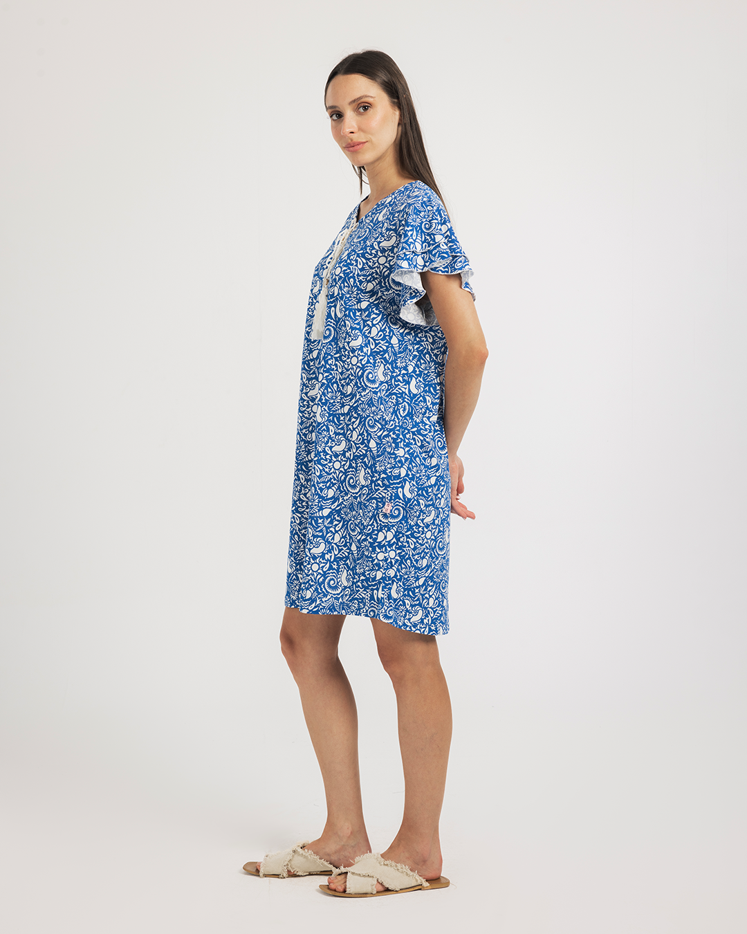 فستان ربع كم رافل قطن مودال اجواء البحر