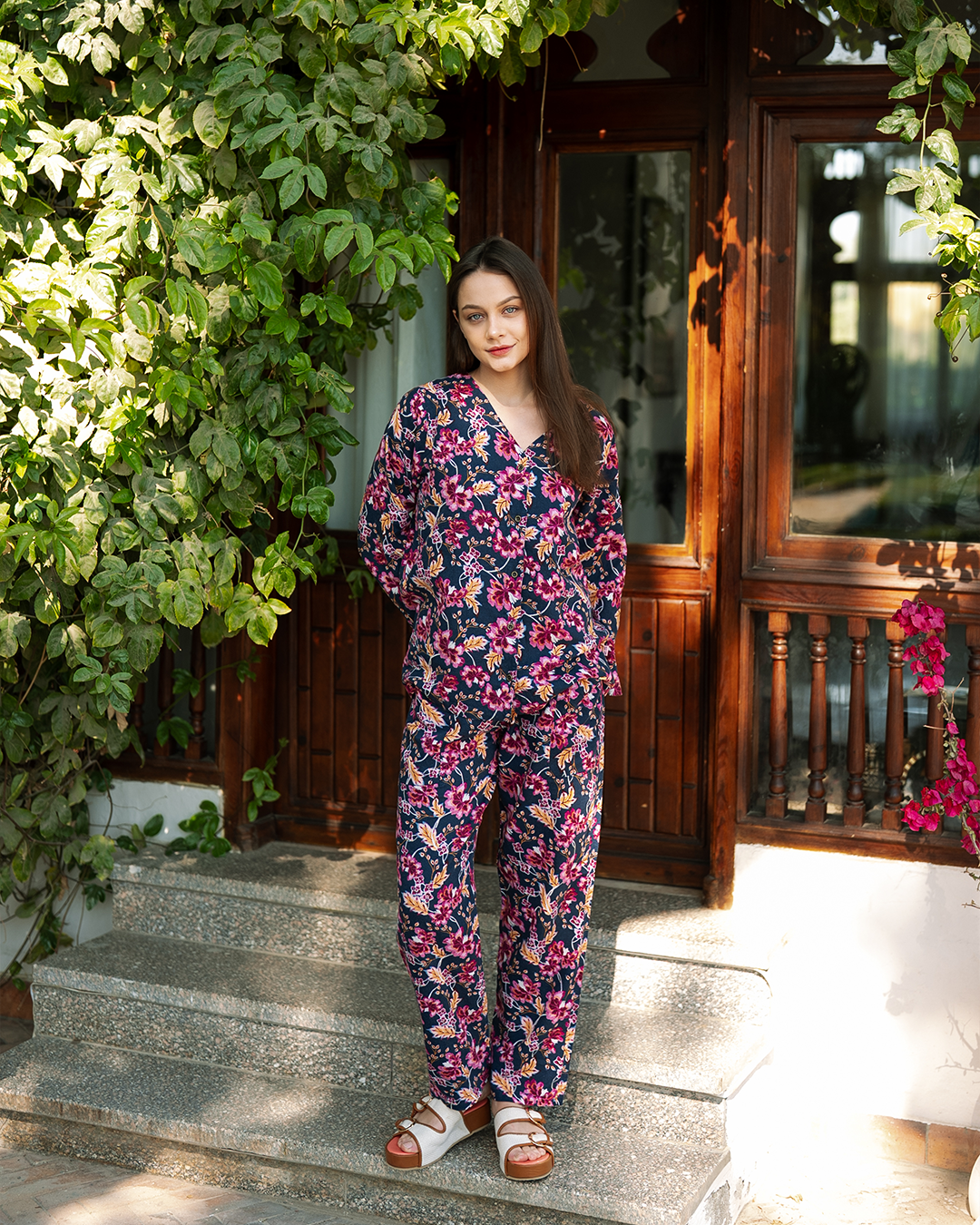 طقم  كيمونو بزراير كتان مطبوع