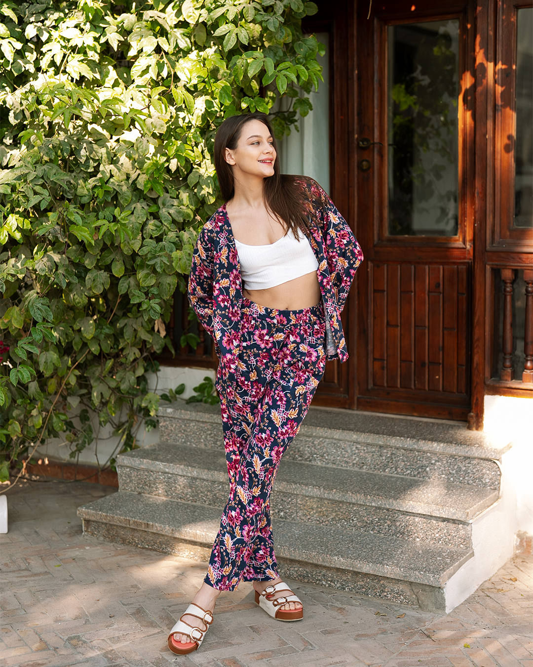 طقم  كيمونو بزراير كتان مطبوع