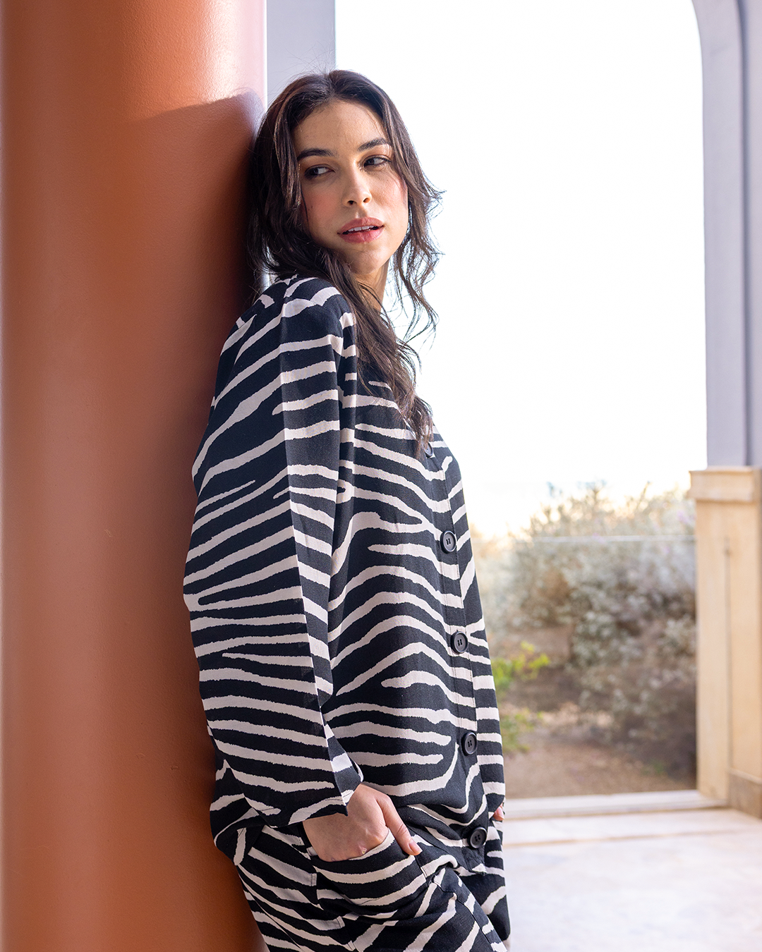 طقم كتان بزراير مطبوع