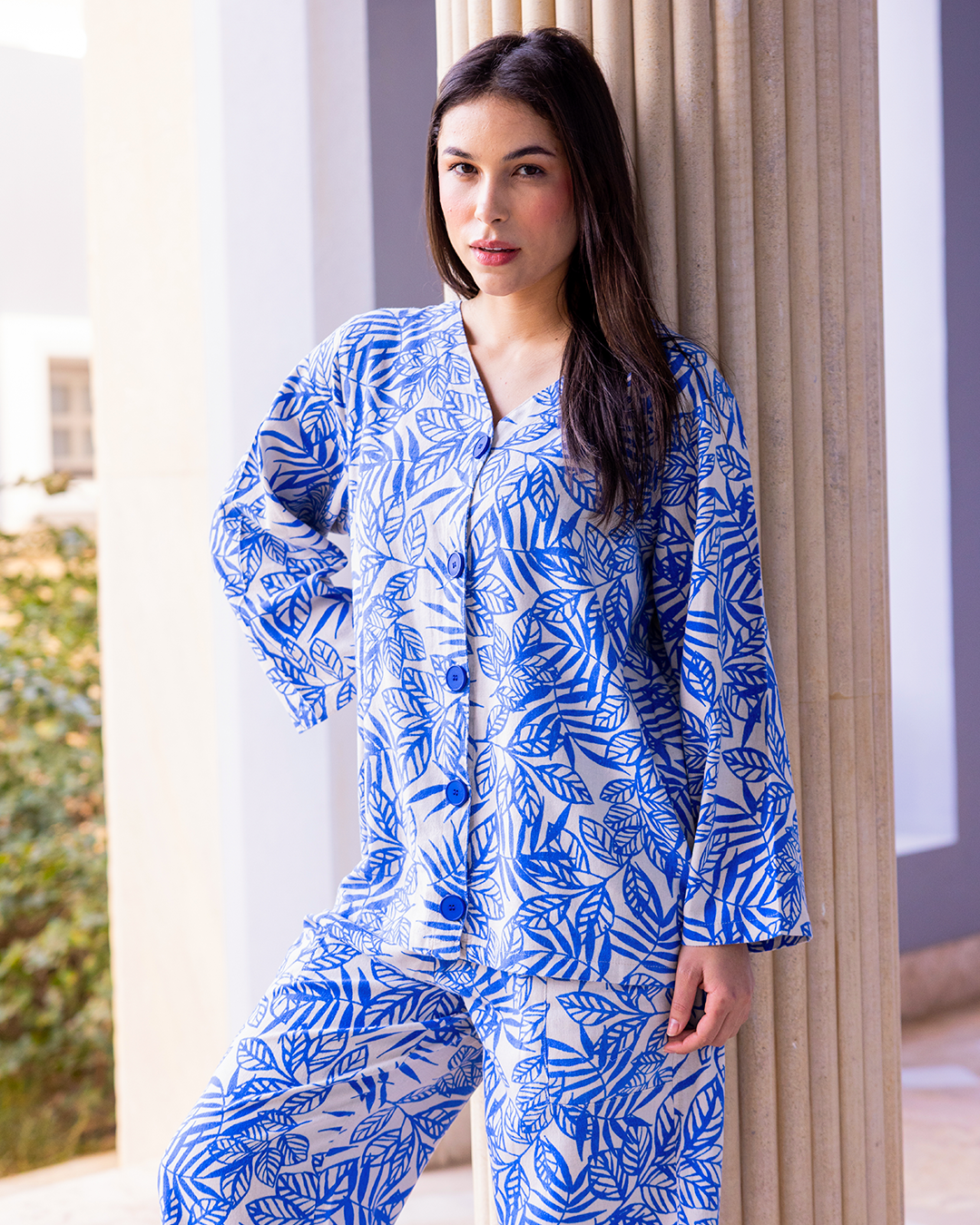 طقم كتان بزراير مطبوع