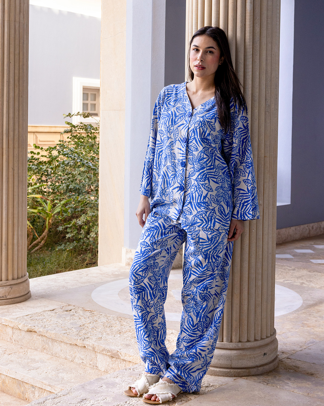 طقم كتان بزراير مطبوع