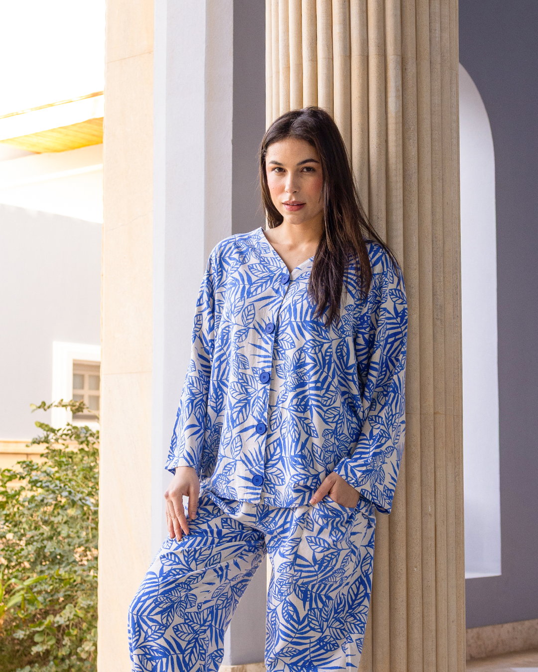 طقم كتان بزراير مطبوع