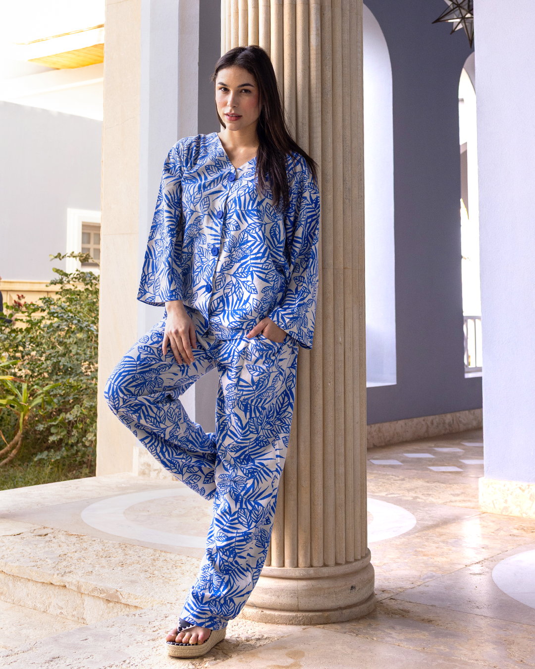 طقم كتان بزراير مطبوع