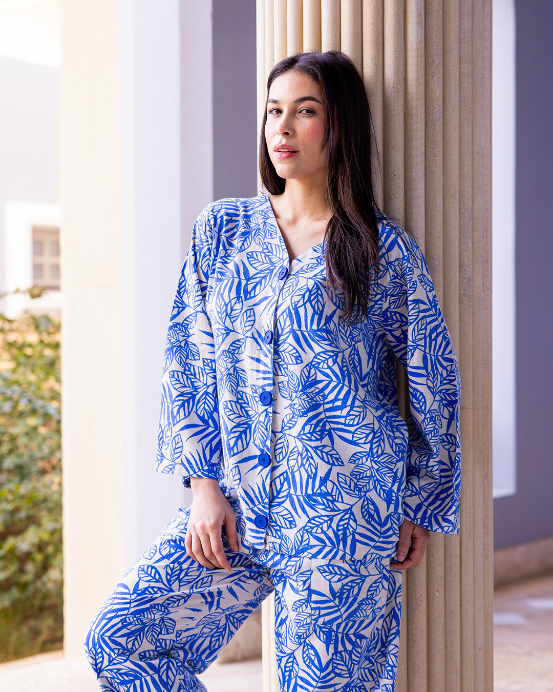 طقم كتان بزراير مطبوع