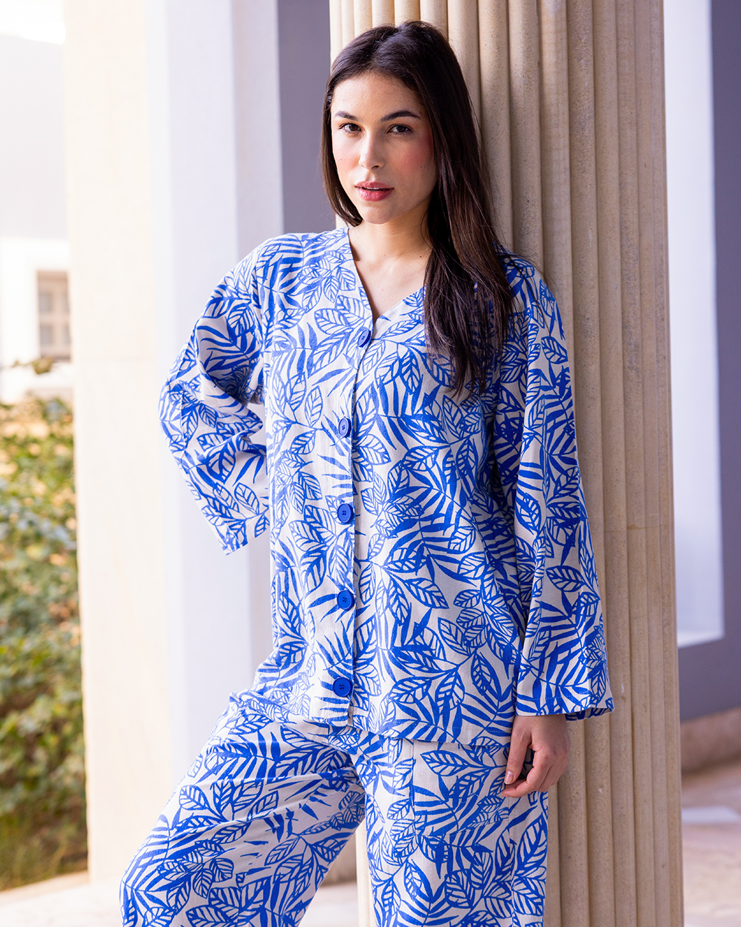 طقم كتان بزراير مطبوع