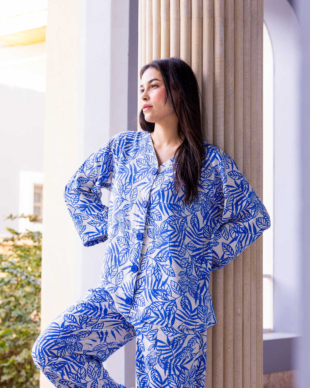 طقم كتان بزراير مطبوع