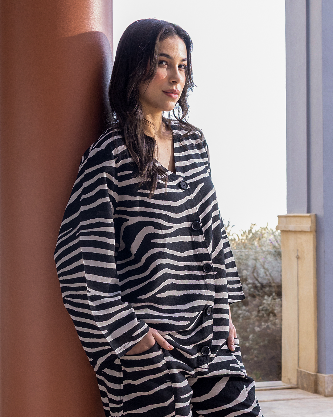 طقم كتان بزراير مطبوع