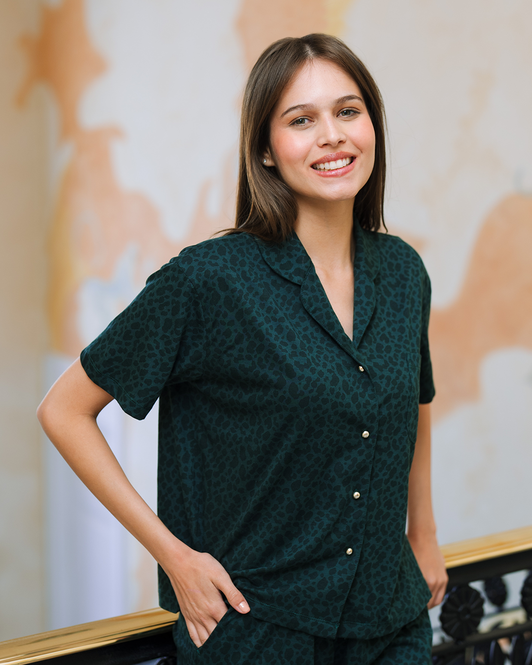 Green Leopard Women's Buttoned Pajamas