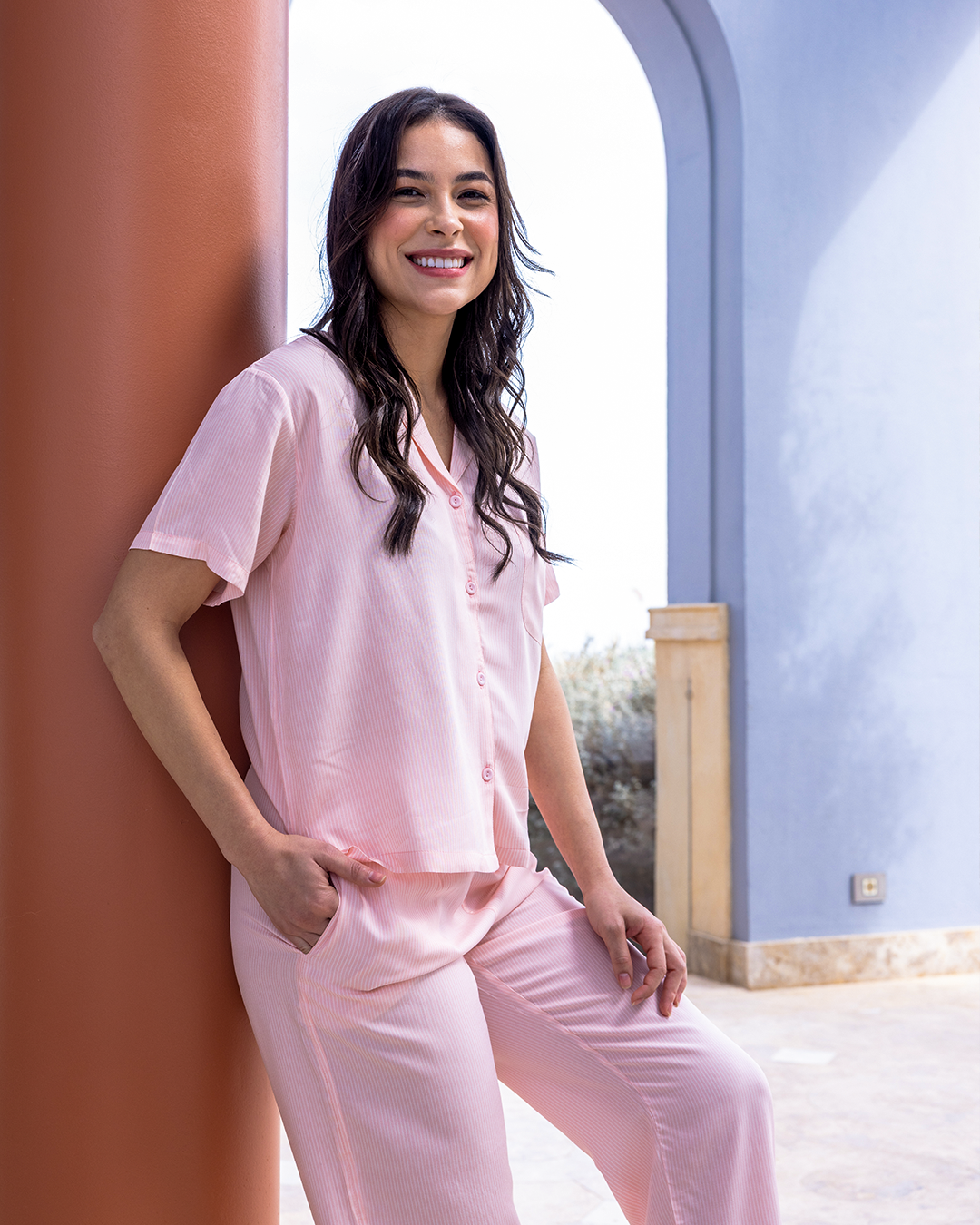 بيجاما كلاسيك بنطلون و زراير قطن فيسكوز مخطط