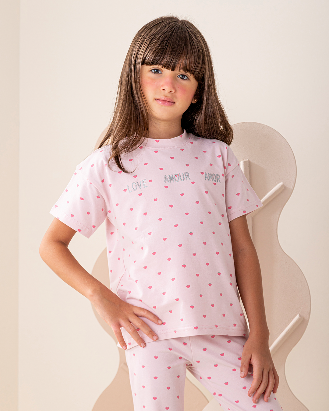 بيجاما بنطلون قطن كتف ساقط قلوب صغيره