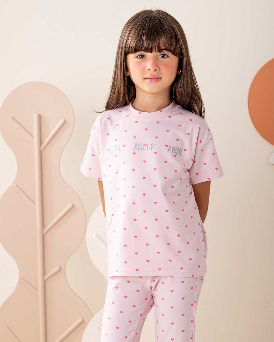 بيجاما بنطلون قطن كتف ساقط قلوب صغيره