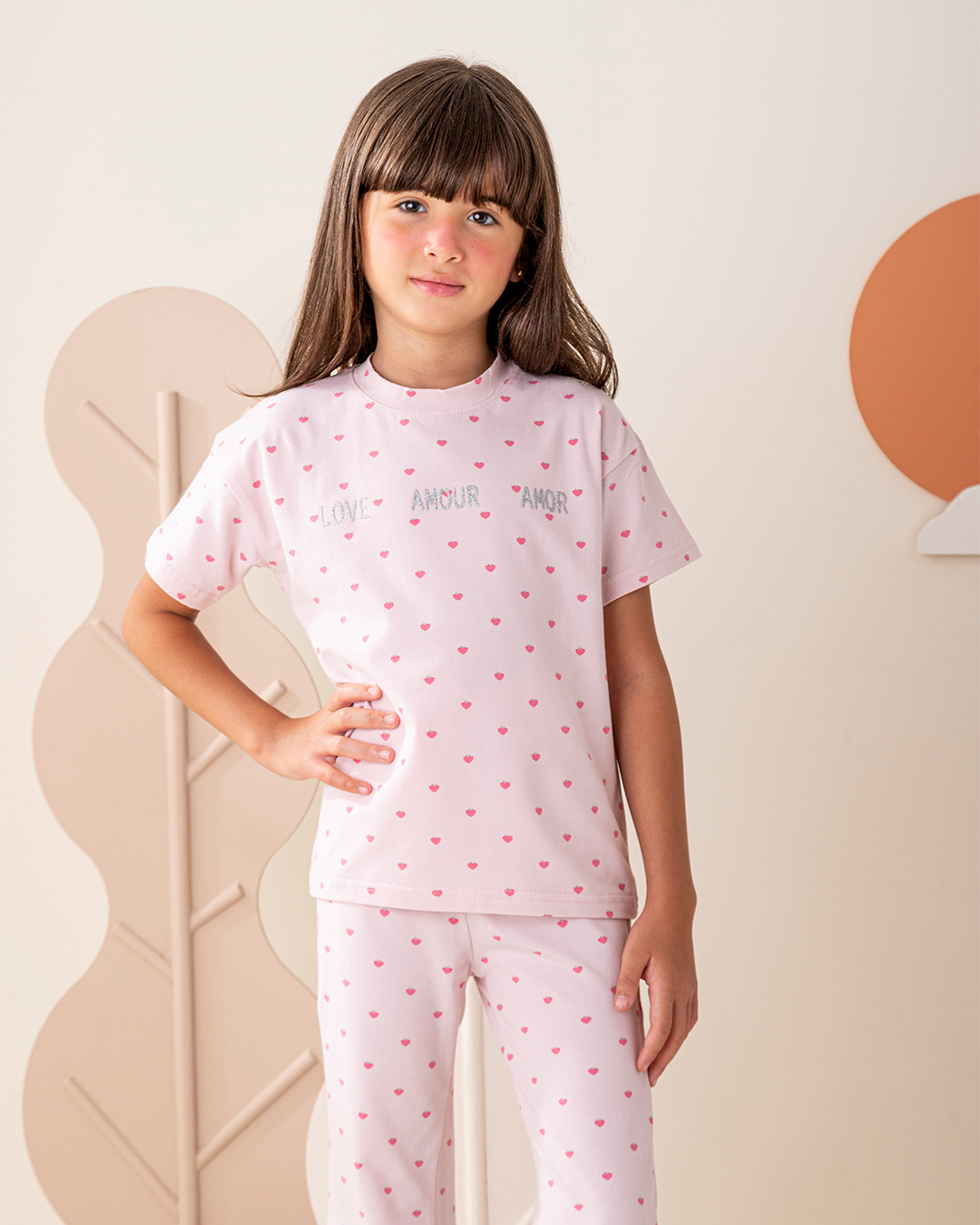 بيجاما بنطلون قطن كتف ساقط قلوب صغيره