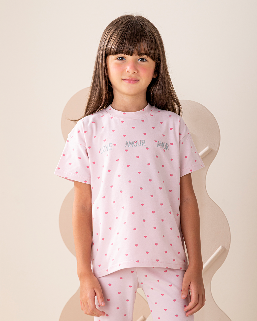 بيجاما بنطلون قطن كتف ساقط قلوب صغيره