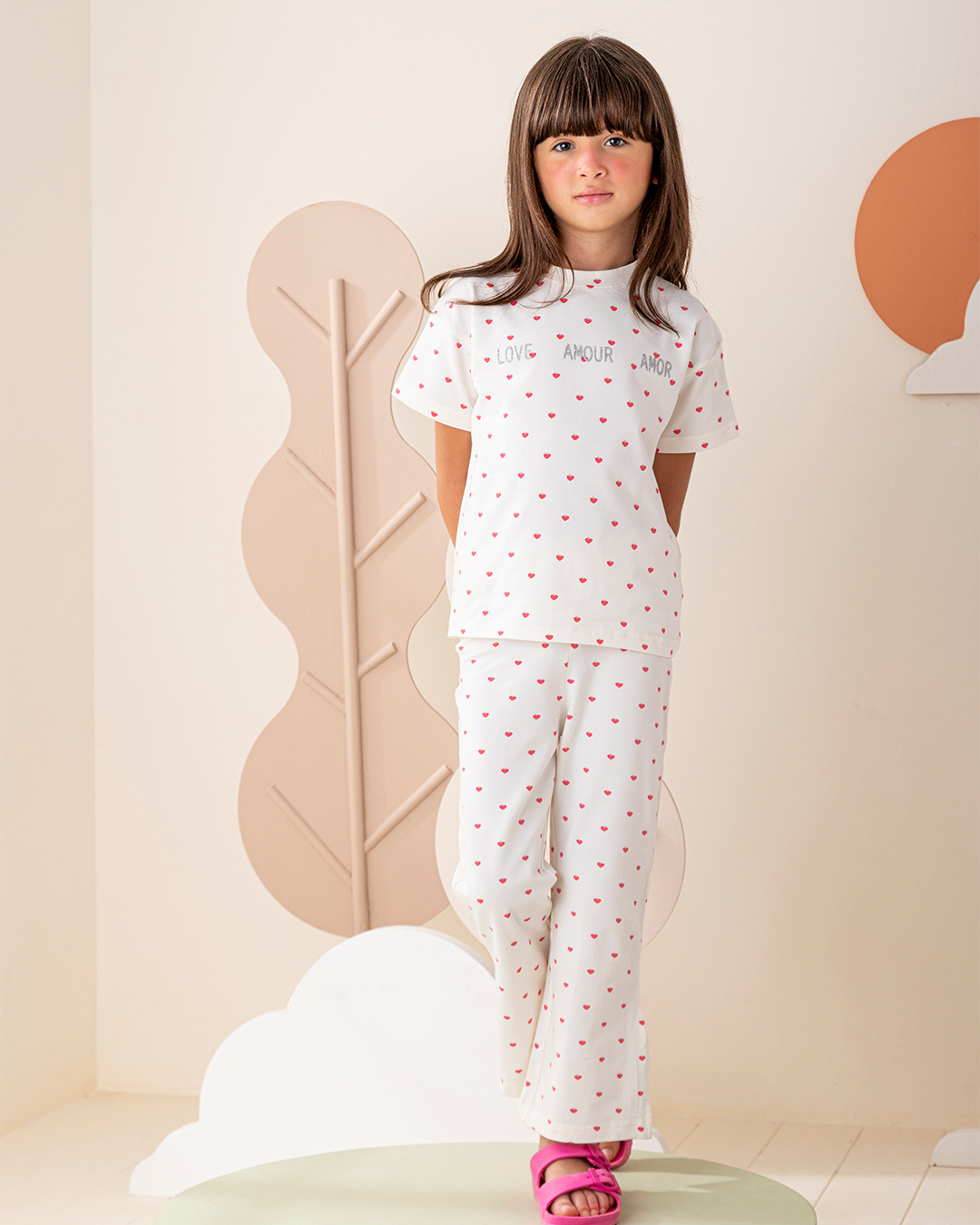 بيجاما بنطلون قطن كتف ساقط قلوب صغيره