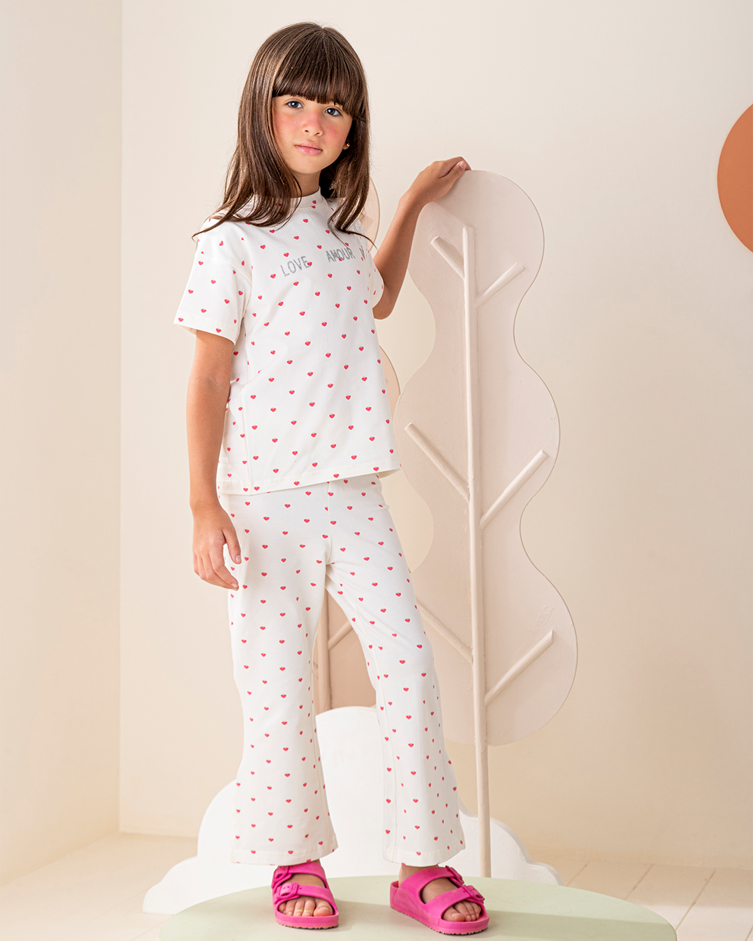 بيجاما بنطلون قطن كتف ساقط قلوب صغيره