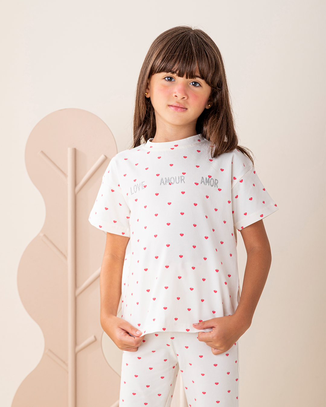 بيجاما بنطلون قطن كتف ساقط قلوب صغيره