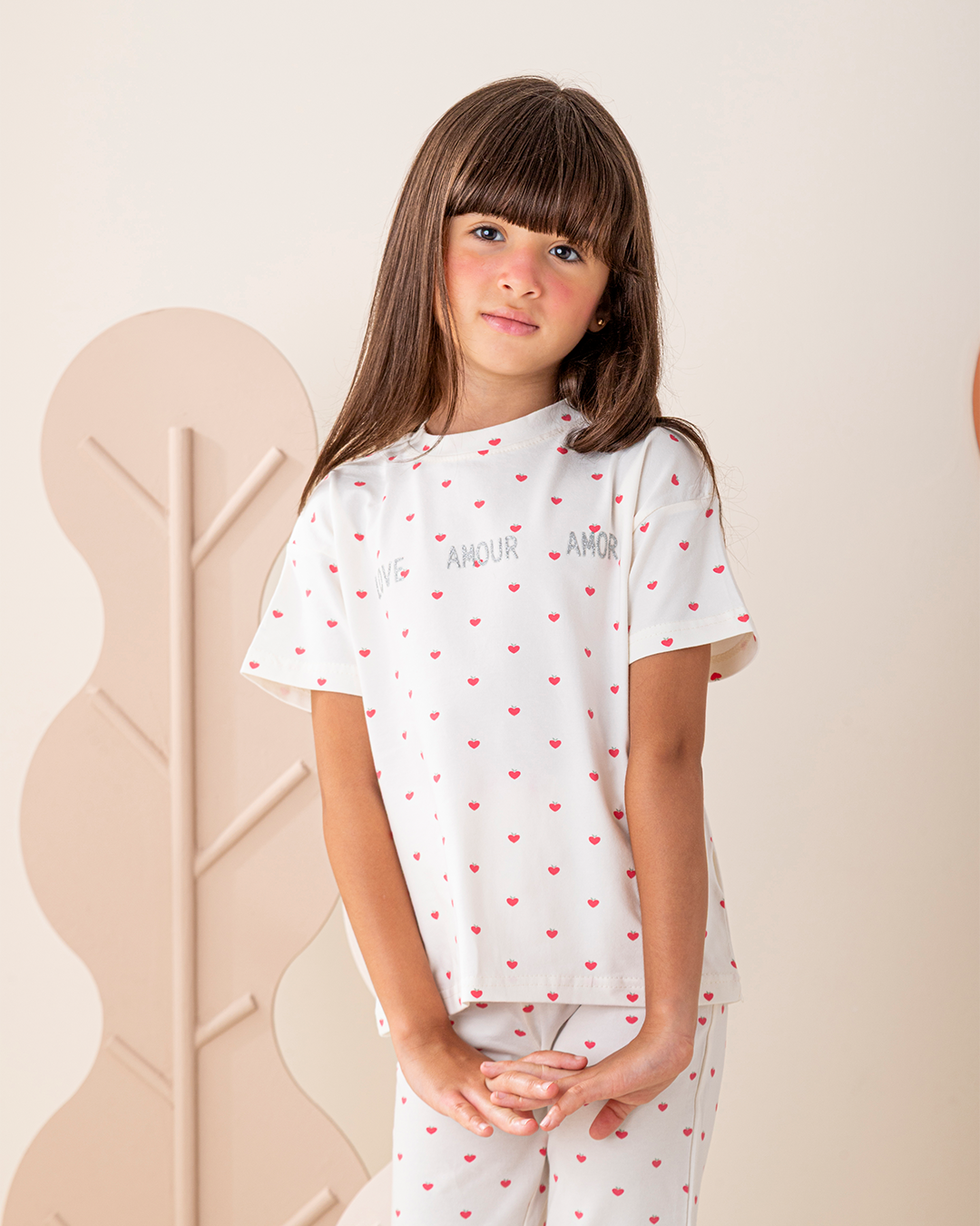 بيجاما بنطلون قطن كتف ساقط قلوب صغيره