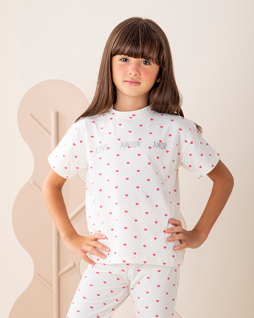 بيجاما بنطلون قطن كتف ساقط قلوب صغيره