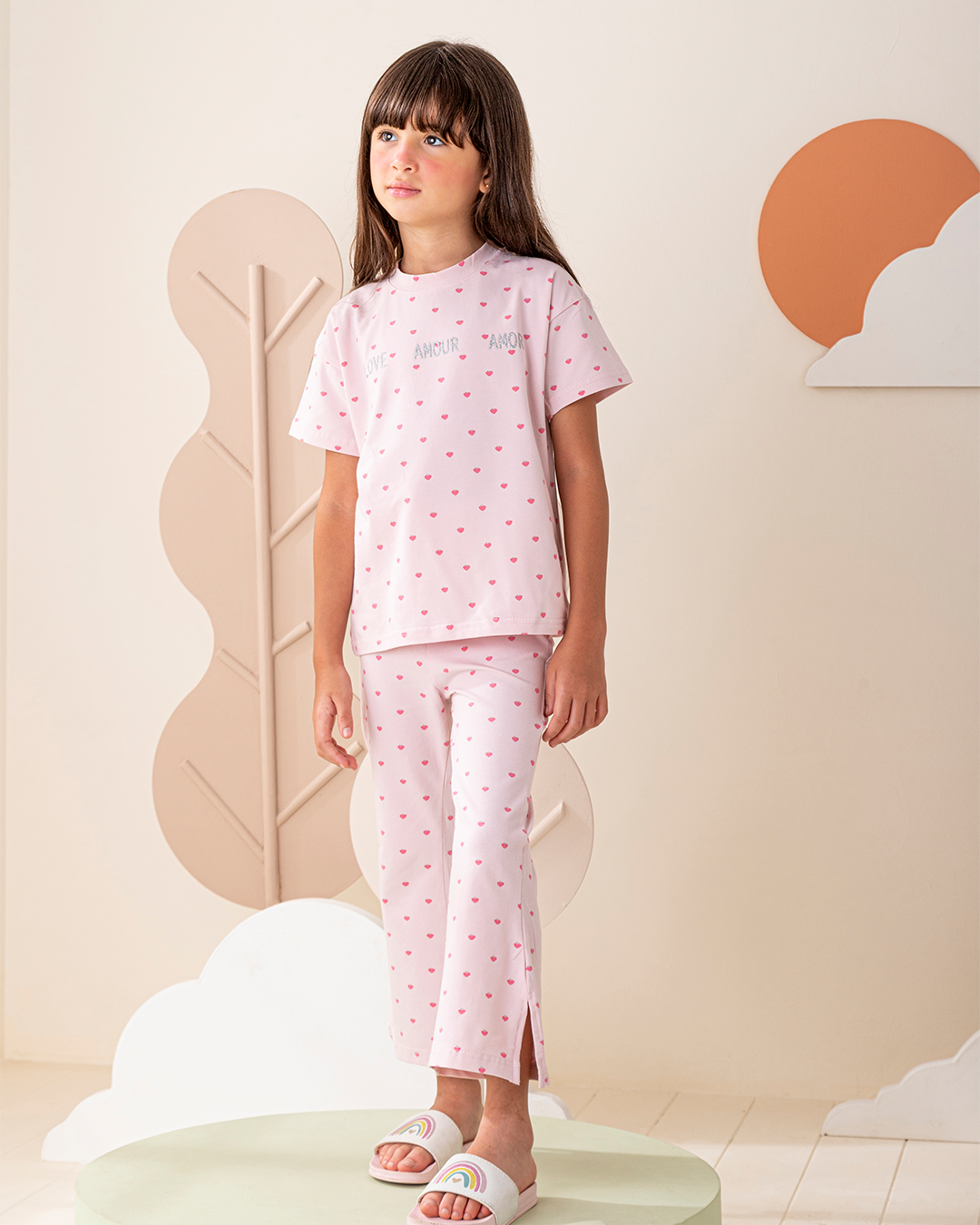 بيجاما بنطلون قطن كتف ساقط قلوب صغيره