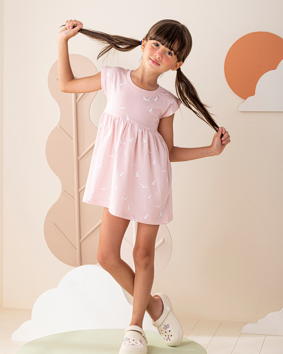 فستان قطن كتف ساقط طيور