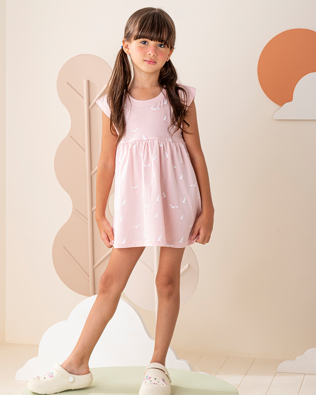 فستان قطن كتف ساقط طيور