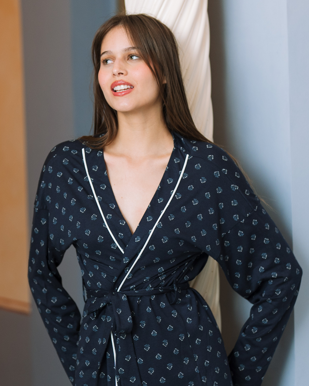 روب طويل قطن مودال ورود كحلى