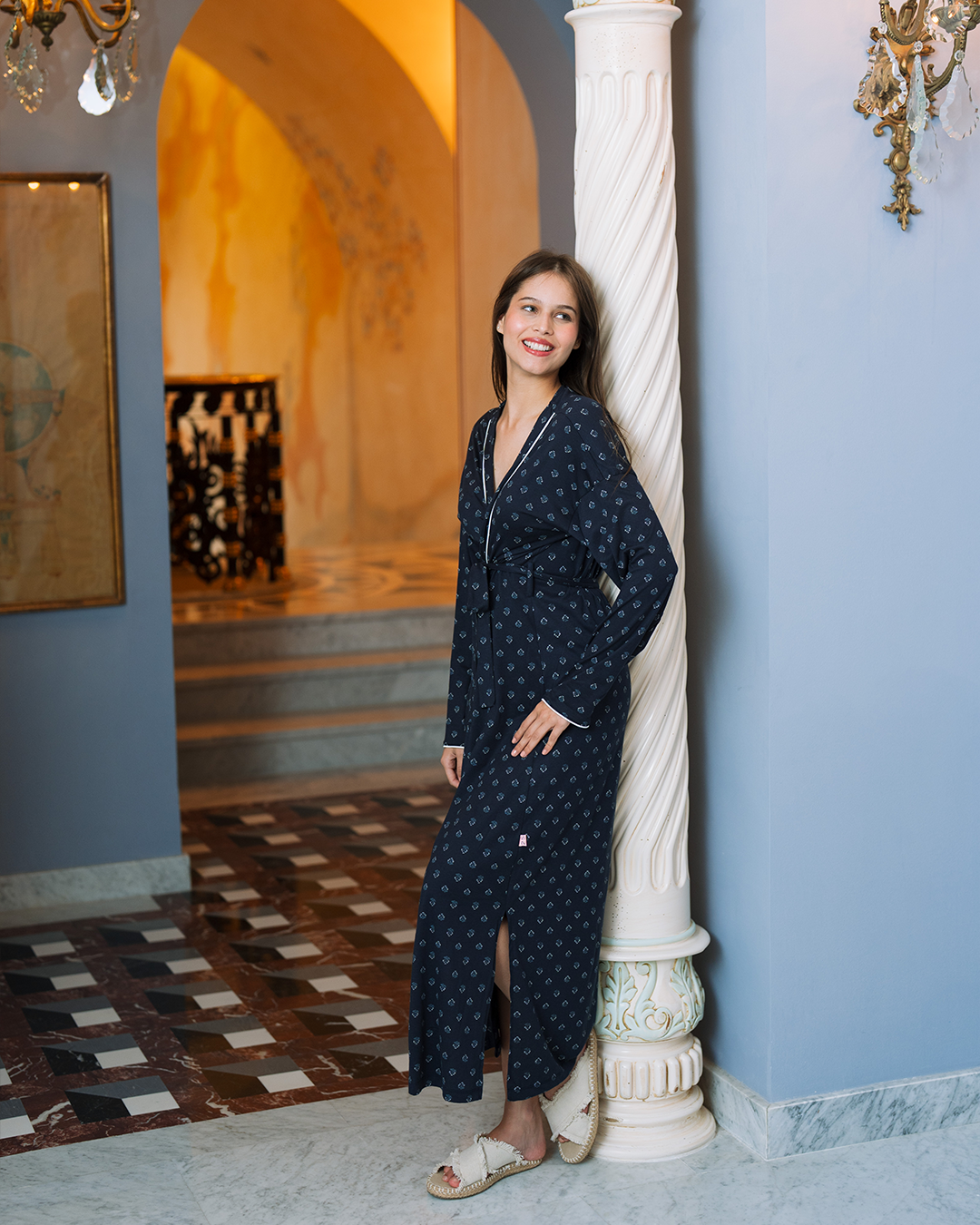 روب طويل قطن مودال ورود كحلى