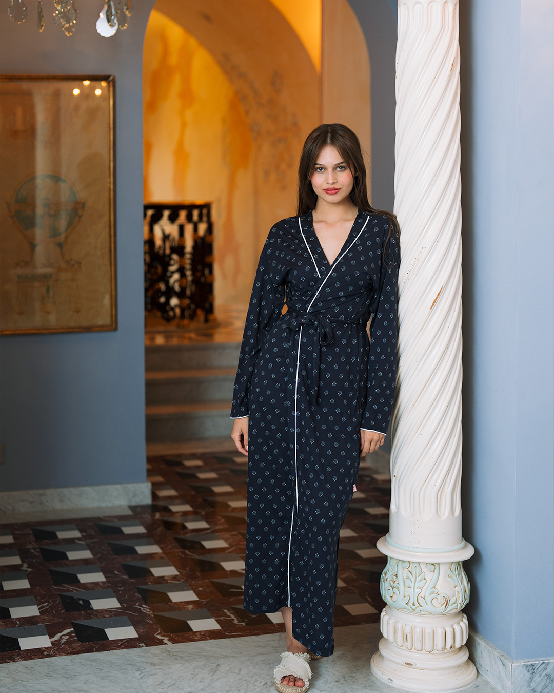 روب طويل قطن مودال ورود كحلى