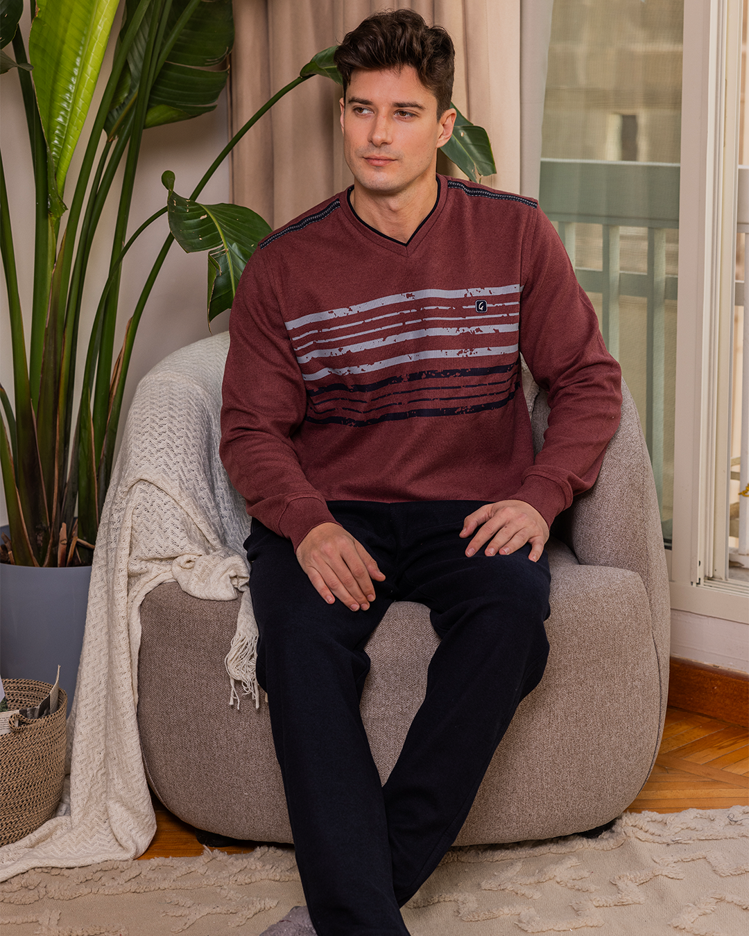 V Neck Men's Pajama Stripes on Chest