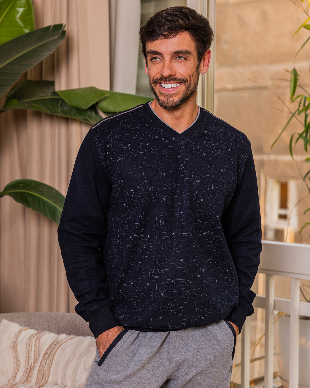 الصدر مطبوع  بنطلون ساده V بيجامه رجالي رقبه