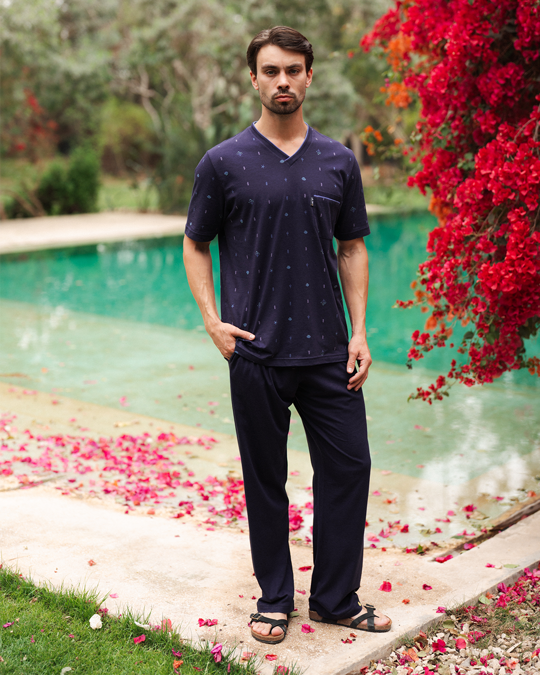 بيجاما رجالى توب مطبوع نصف كم و بنطلون ساده