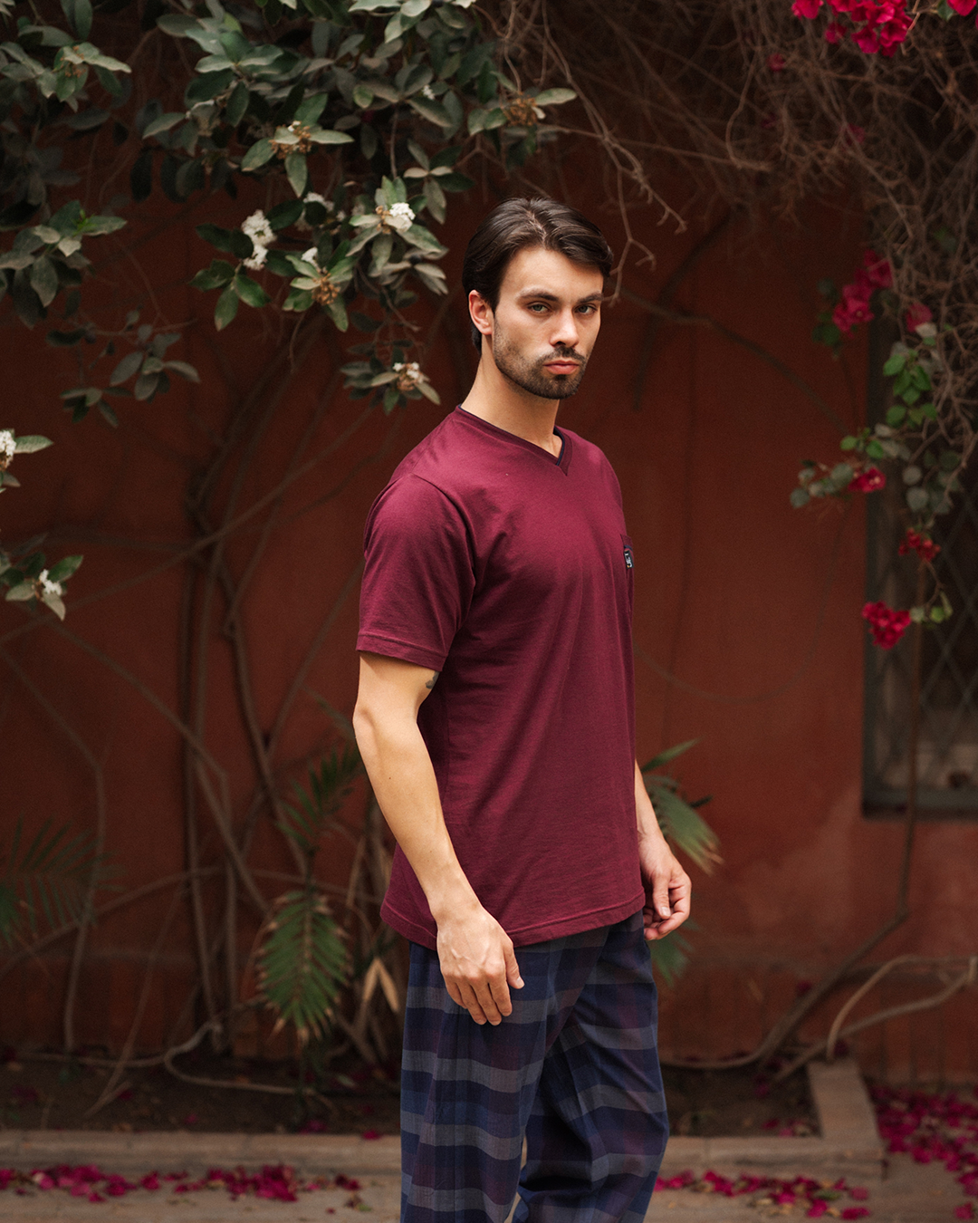 بيجاما رجالي سادة نص كم و بنطلون كاروه