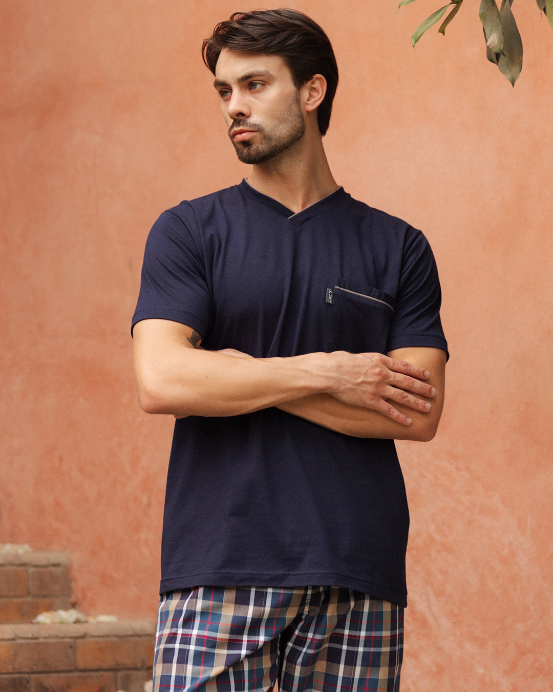 بيجاما رجالي سادة نص كم و بنطلون كاروه