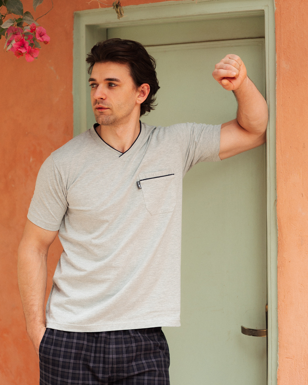 بيجاما رجالي سادة نص كم و بنطلون كاروه