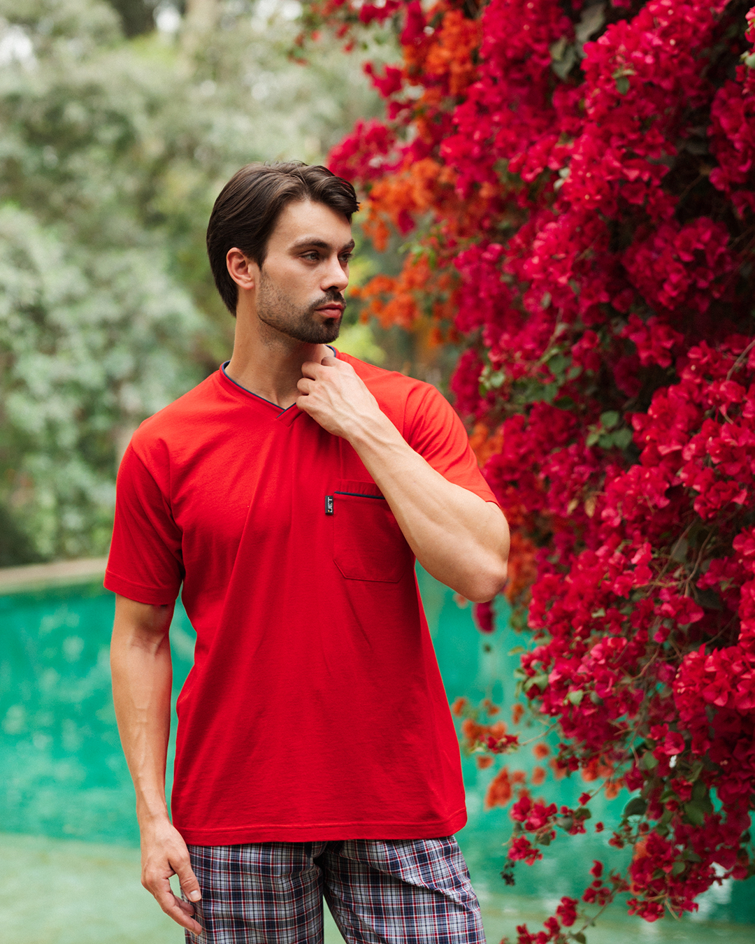 بيجاما رجالي سادة نص كم و بنطلون كاروه