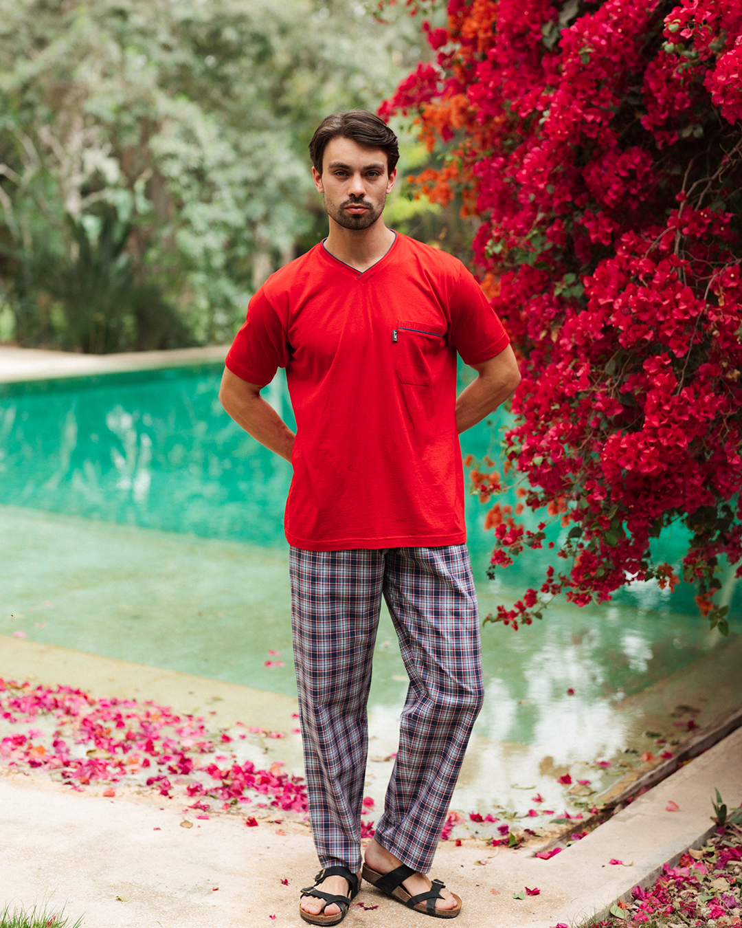 بيجاما رجالي سادة نص كم و بنطلون كاروه