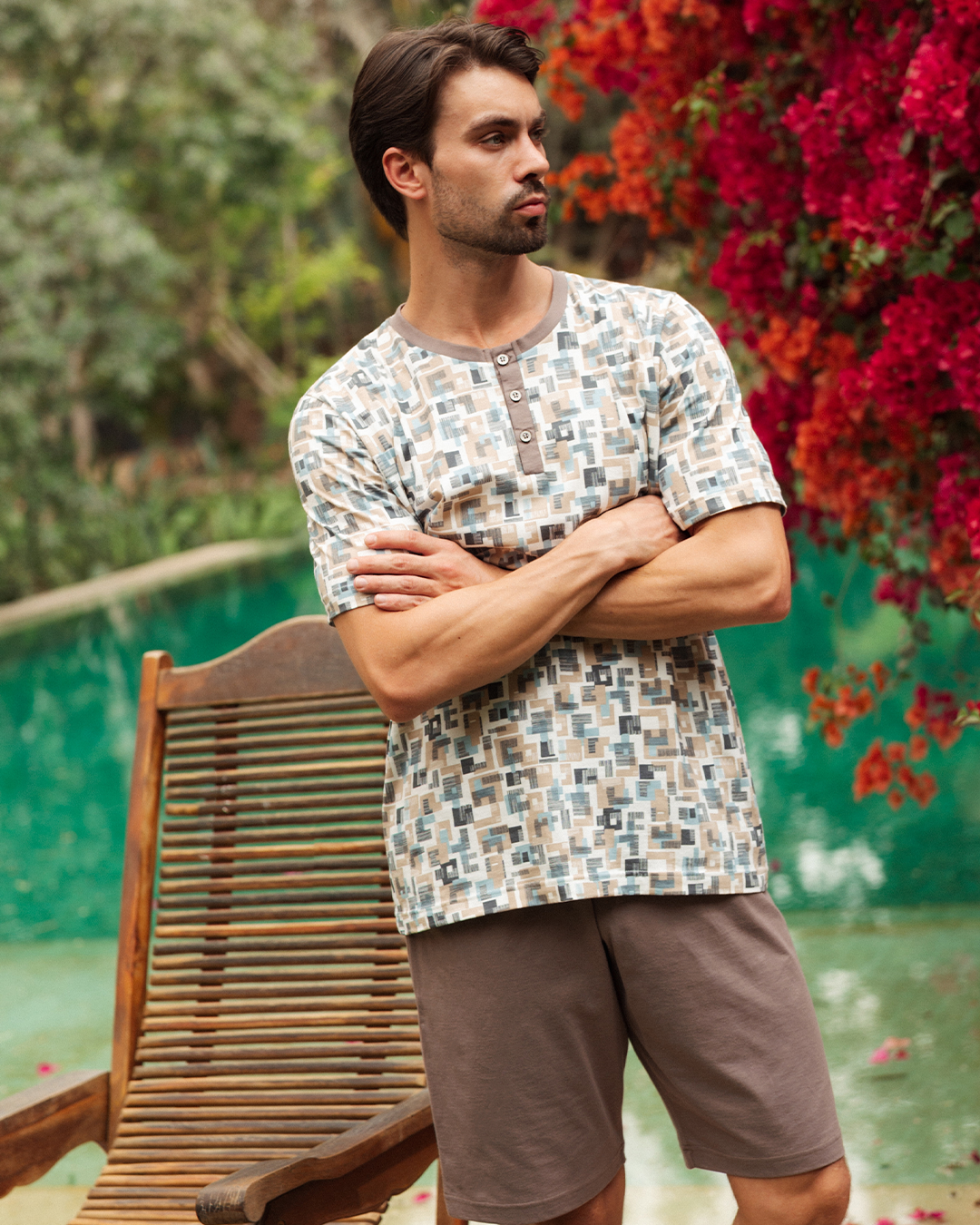 Men's pajamas printed half a sleeve and shorts of masters