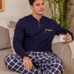 Men's pajamas, plain long-sleeved T-shirt with round neck, button-down collar, chest pocket and checkered pants