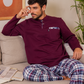 Men's pajamas, plain long-sleeved T-shirt with round neck, button-down collar, chest pocket and checkered pants